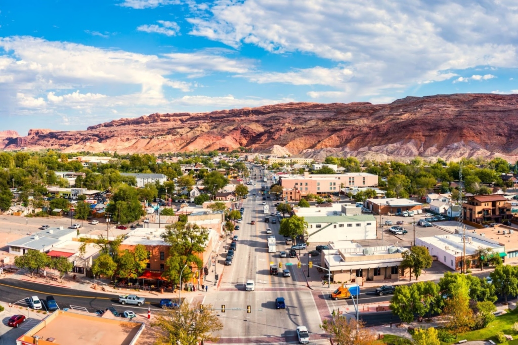 Moab town view with red rock mountains Utah