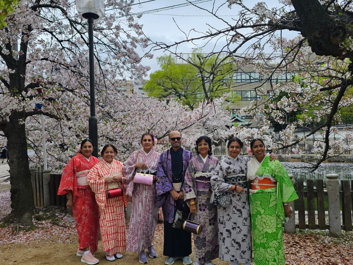 School friends in kimonos under Osaka cherry blossoms