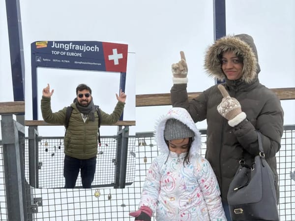 Pankhuri, Jitender, and Syona at Jungfraujoch during their Switzerland trip with Thrillophilia